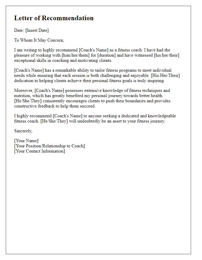 Letter template of recommendation for fitness coaching