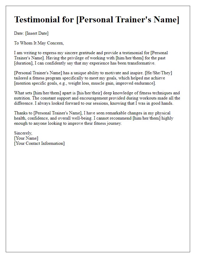 Letter template of testimonial for a personal trainer