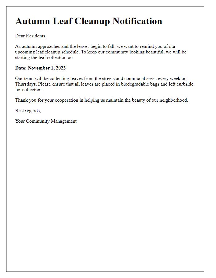 Letter template of autumn leaf cleanup notification