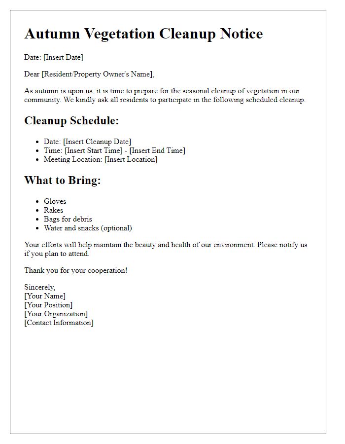 Letter template of autumn vegetation cleanup notice