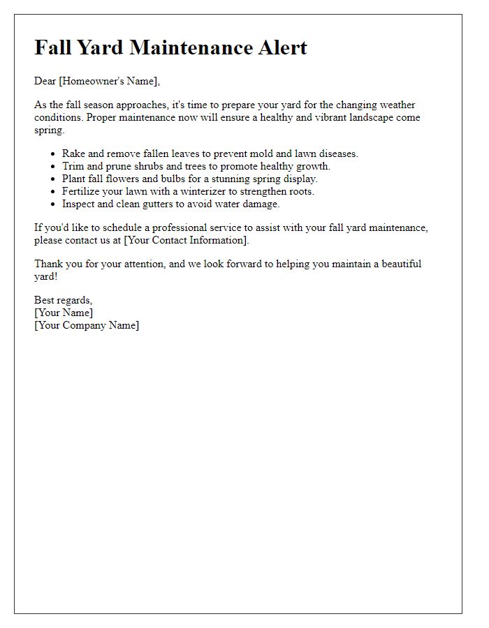 Letter template of fall yard maintenance alert