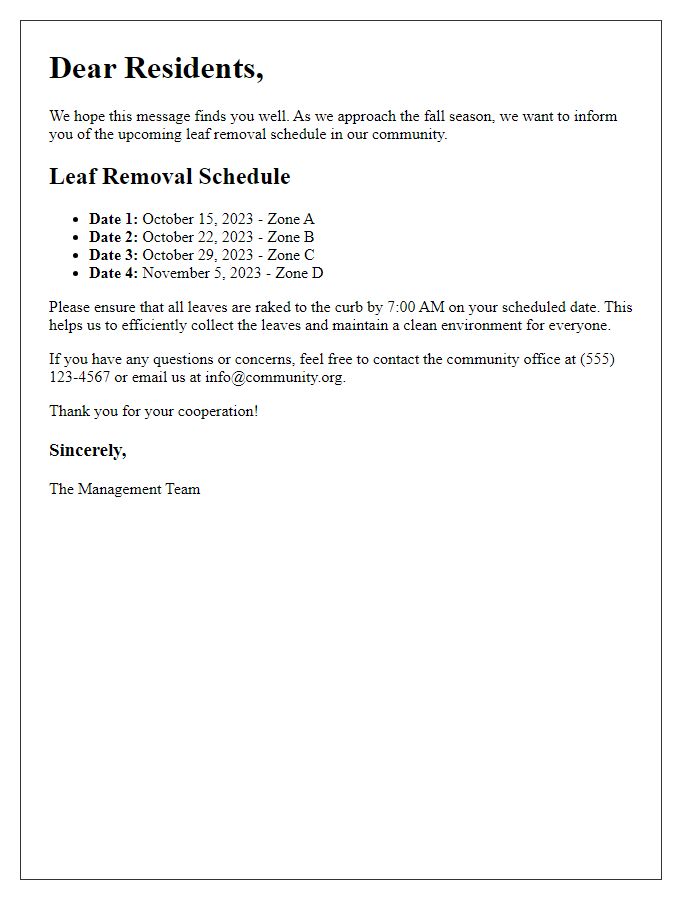 Letter template of leaf removal schedule for residents