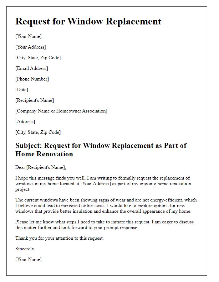 Letter template of request for window replacement as part of home renovation.