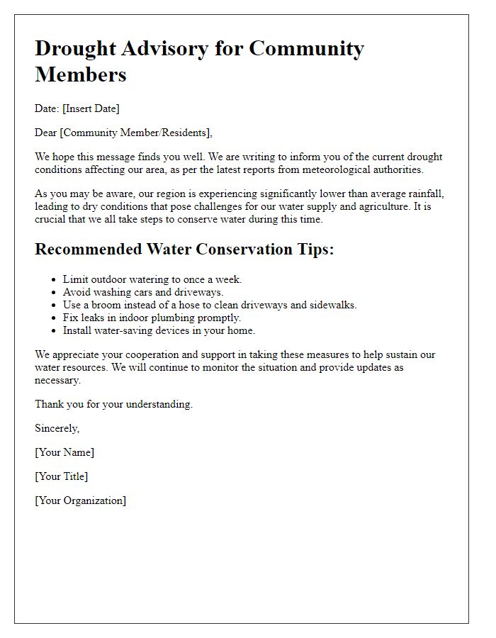 Letter template of drought advisory for local community members.