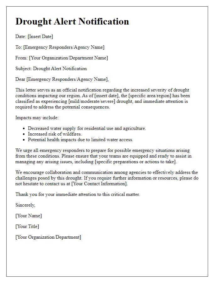 Letter template of drought alert for emergency responders.