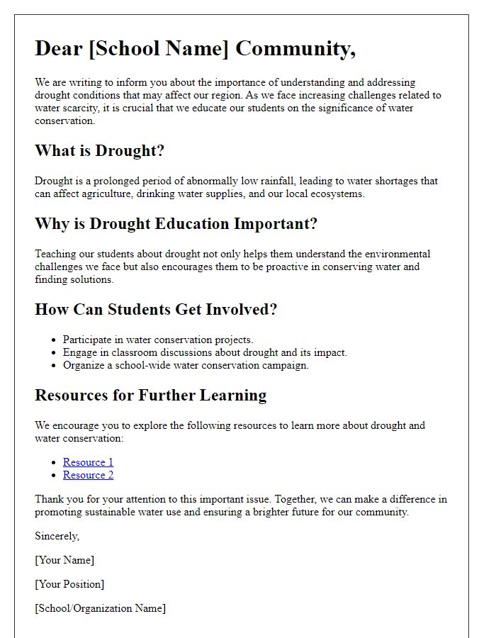 Letter template of drought education for schools.