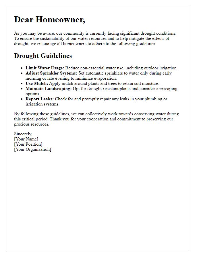 Letter template of drought guidelines for homeowners.