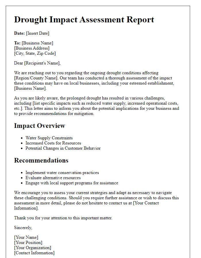 Letter template of drought impact assessment for businesses.