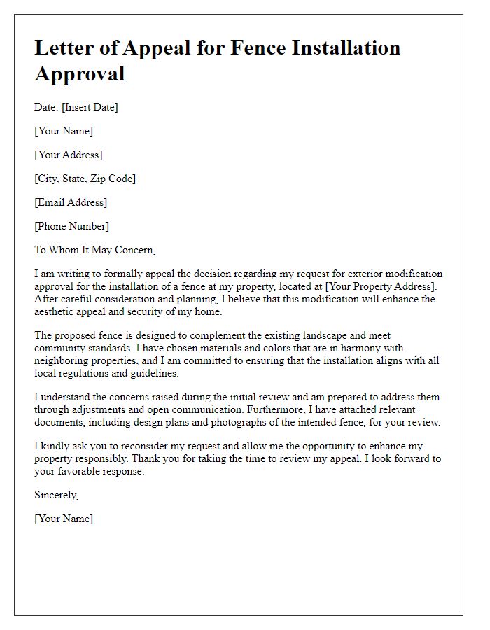 Letter template of appeal for exterior modification approval for fence installation