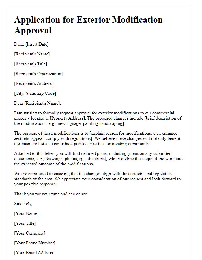 Letter template of application for exterior modification approval for commercial property