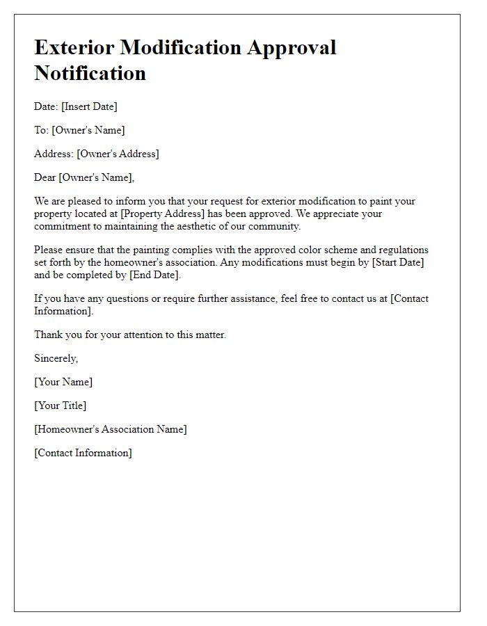 Letter template of notification for exterior modification approval for painting the property