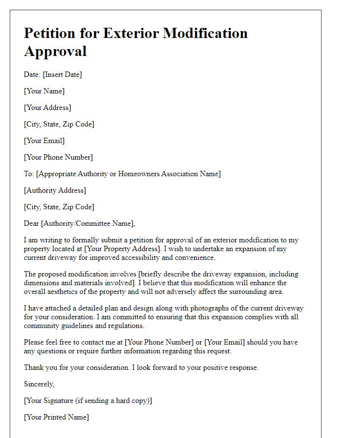 Letter template of petition for exterior modification approval for driveway expansion