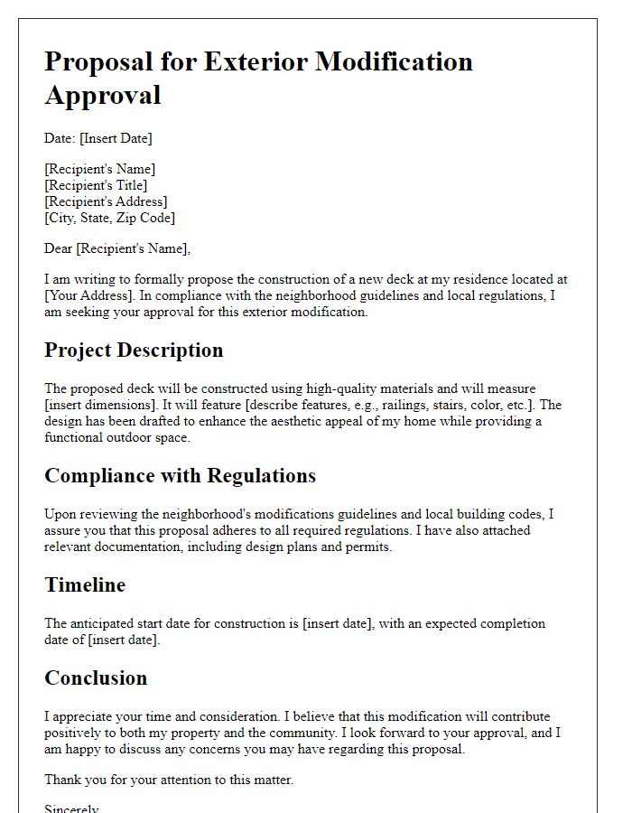 Letter template of proposal for exterior modification approval for deck construction