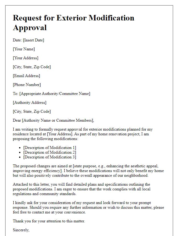 Letter template of request for exterior modification approval for home renovation