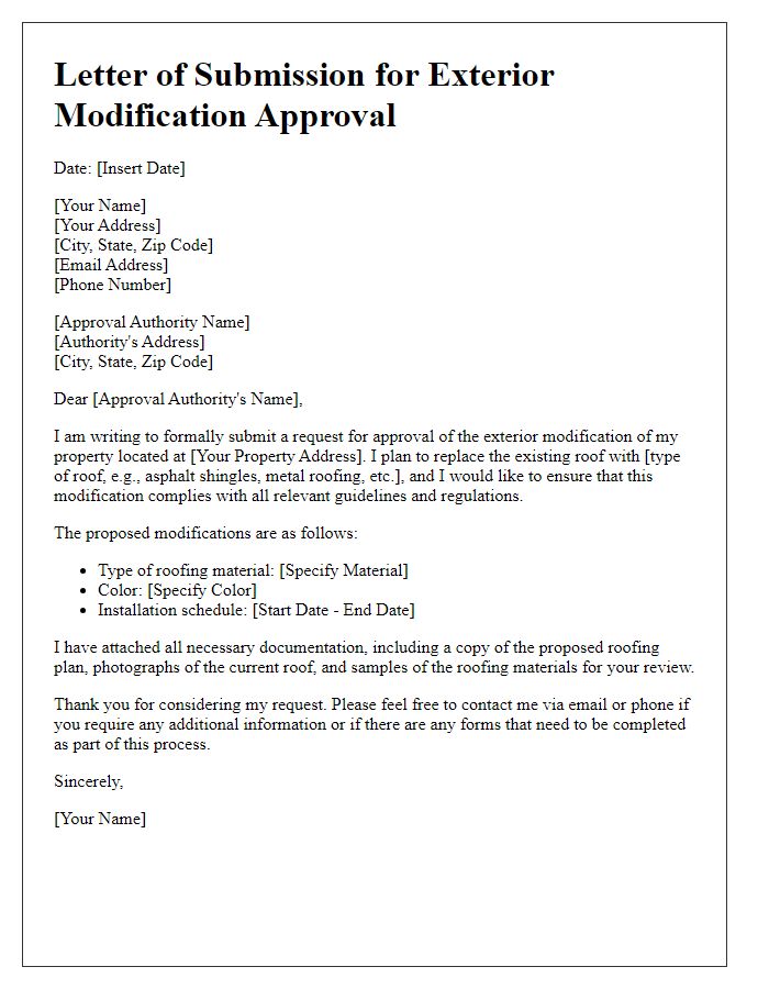 Letter template of submission for exterior modification approval for roof replacement