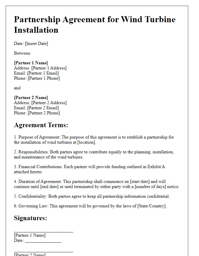 Letter template of agreement for wind turbine installation partnership