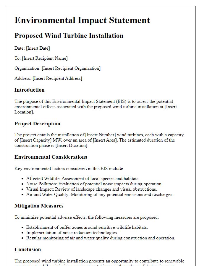 Letter template of environmental impact statement for wind turbine installation