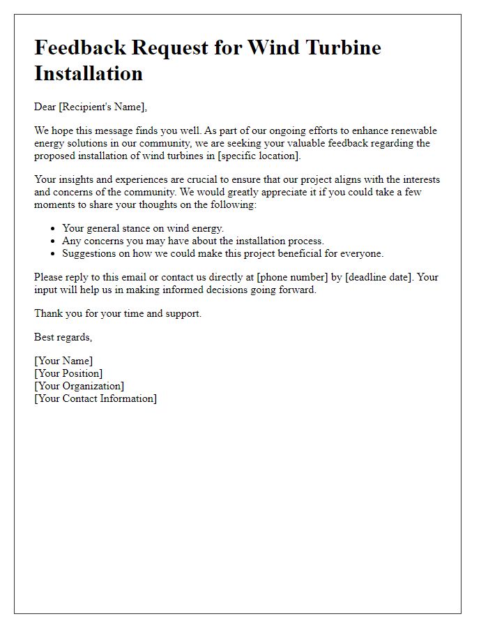 Letter template of feedback request for wind turbine installation