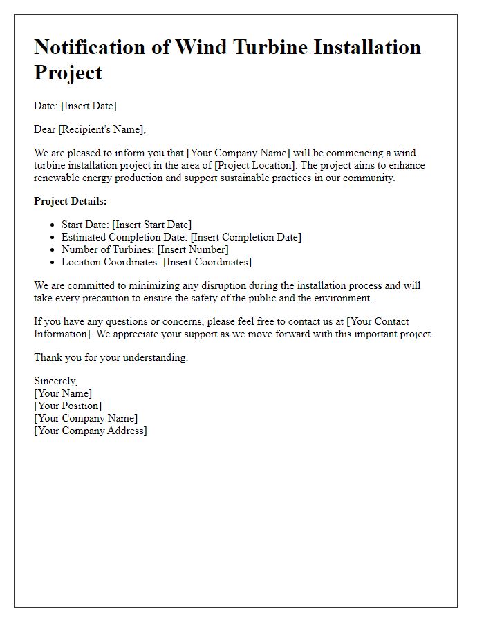 Letter template of notification for wind turbine installation project