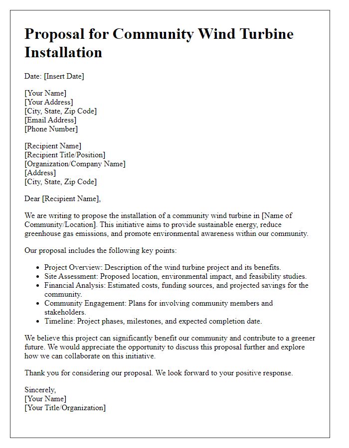 Letter template of proposal for community wind turbine installation