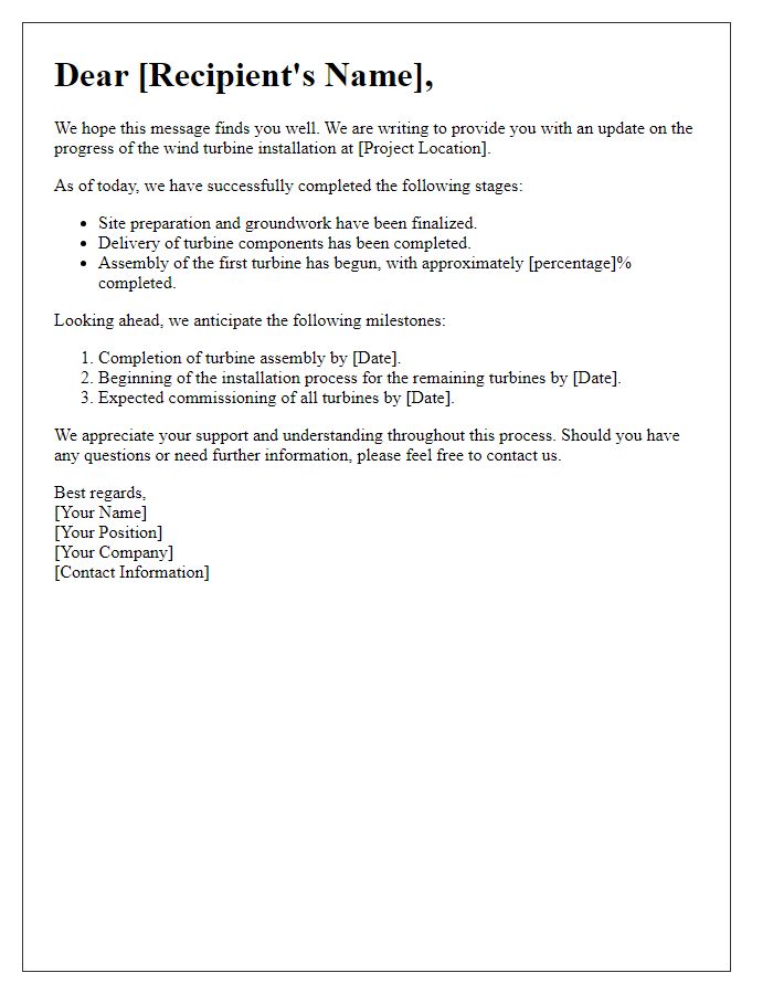 Letter template of update on wind turbine installation progress