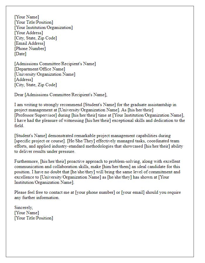 Letter template of recommendation for graduate assistantship in project management.