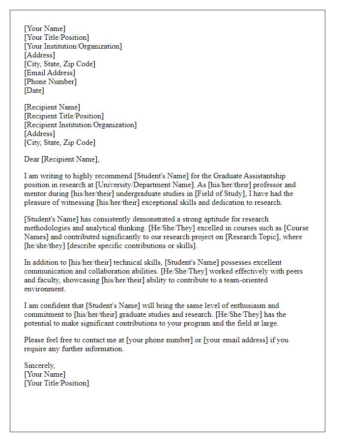 Letter template of recommendation for graduate assistantship in research.