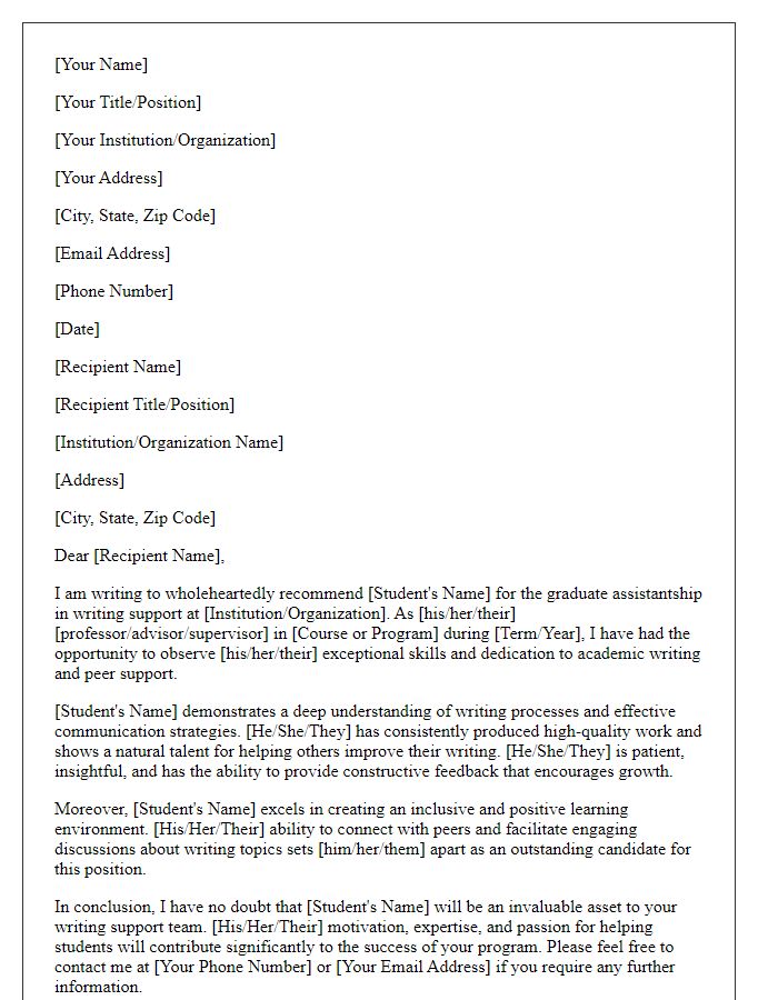 Letter template of recommendation for graduate assistantship in writing support.