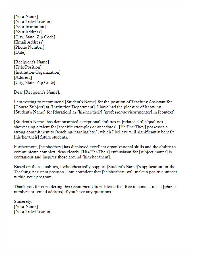 Letter template of recommendation for teaching assistantship.