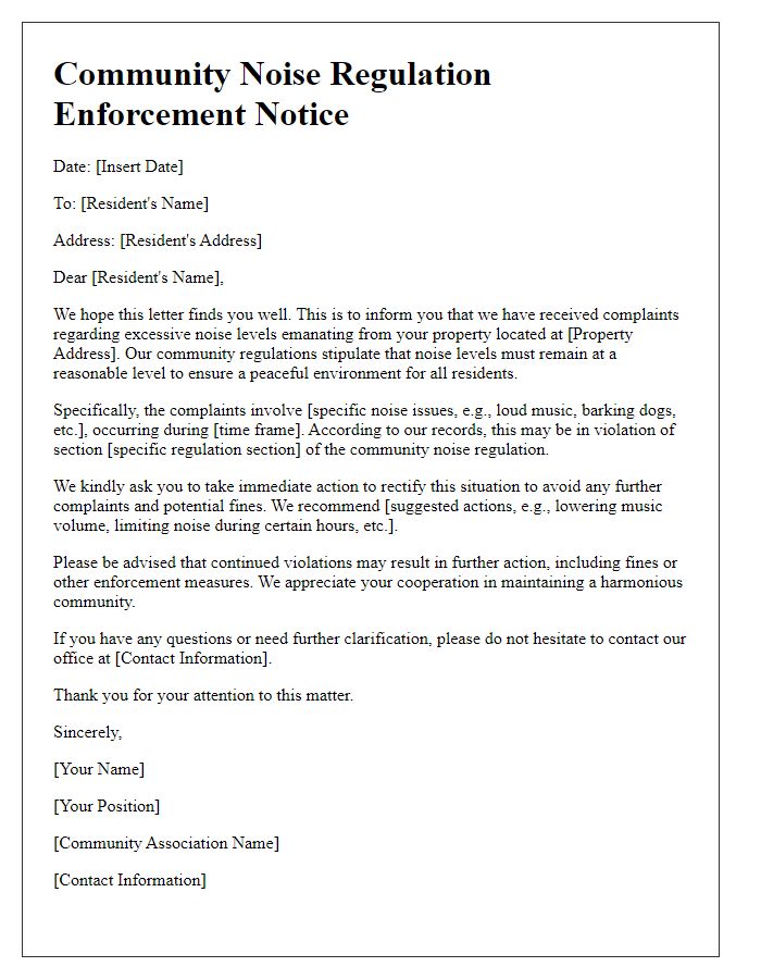 Letter template of community noise regulation enforcement