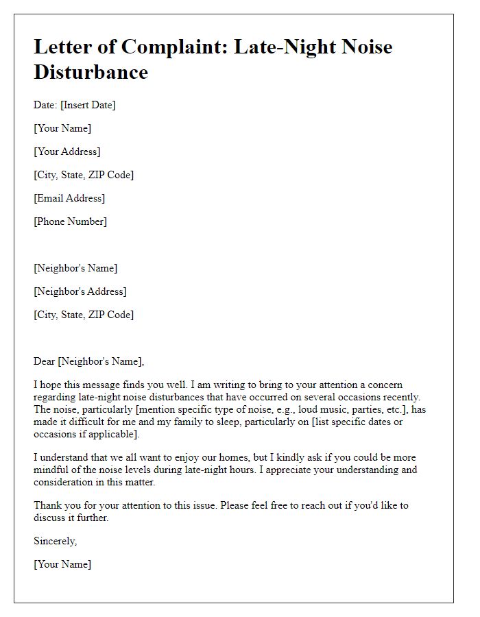 Letter template of late-night noise disturbance letter