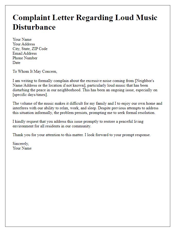 Letter template of loud music disturbance complaint