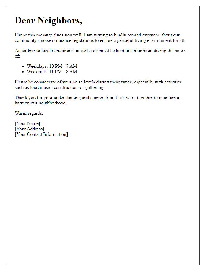 Letter template of neighbor noise ordinance awareness