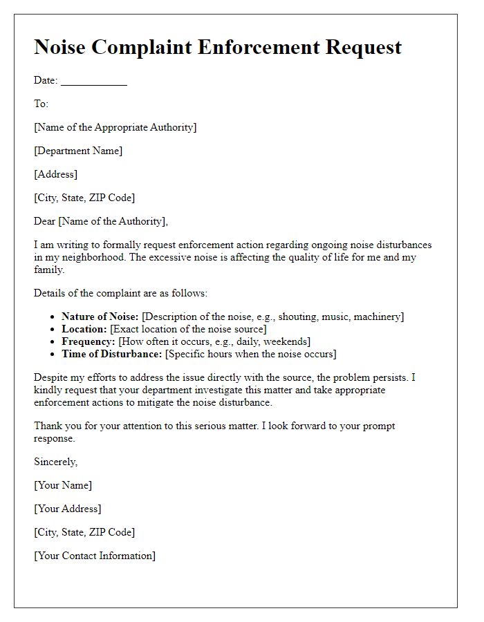 Letter template of noise complaint enforcement request