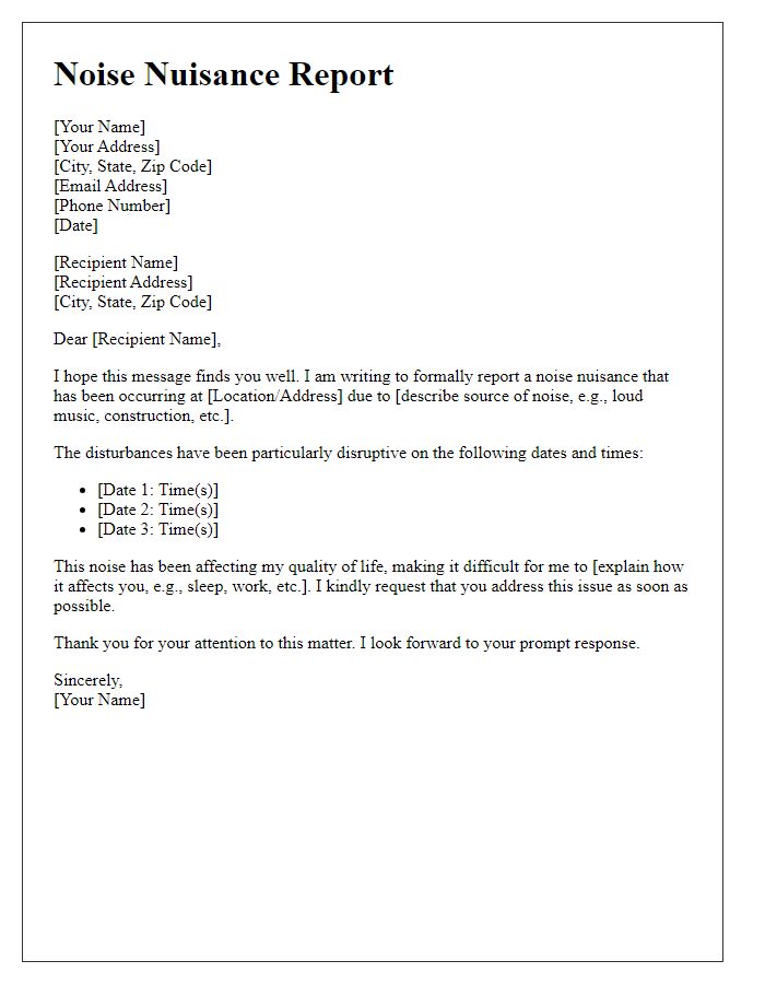 Letter template of noise nuisance report