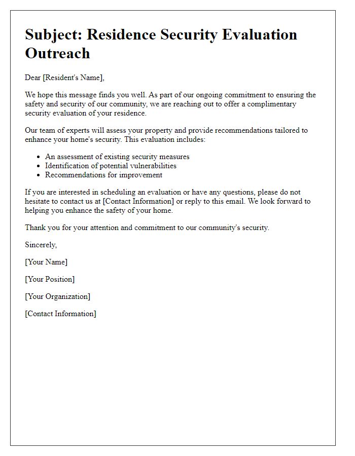 Letter template of residence security evaluation outreach