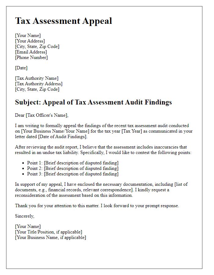 Letter template of tax assessment appeal for audit findings