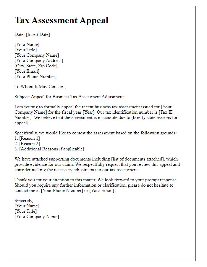 Letter template of tax assessment appeal for business tax adjustments