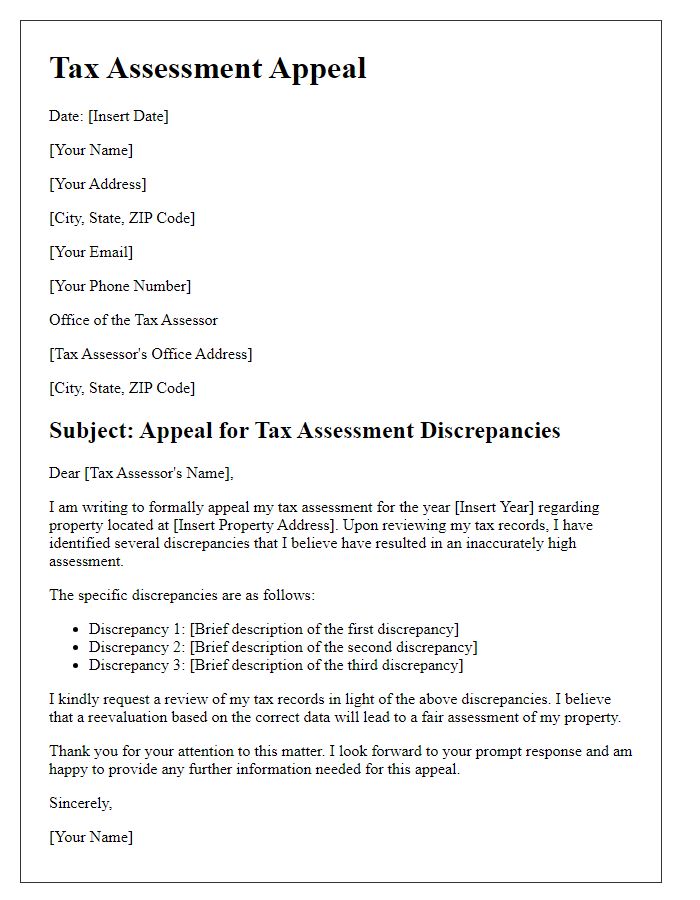 Letter template of tax assessment appeal for discrepancies in tax records