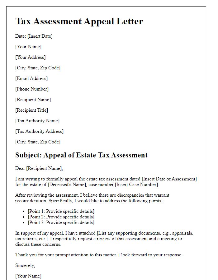 Letter template of tax assessment appeal for estate tax evaluation