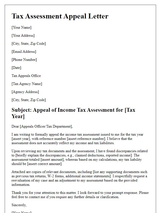 Letter template of tax assessment appeal for income tax determination