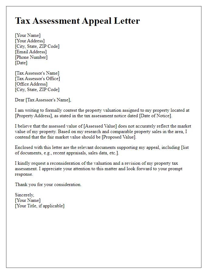 Letter template of tax assessment appeal for property valuation dispute