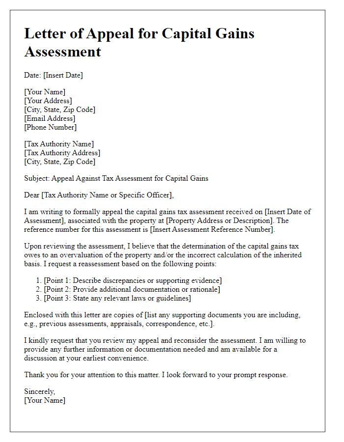 Letter template of tax assessment appeal regarding capital gains assessment