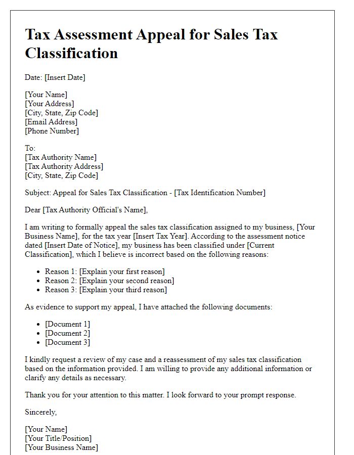 Letter template of tax assessment appeal for sales tax classification