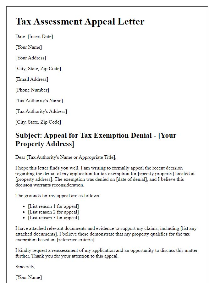 Letter template of tax assessment appeal for tax exemption denial