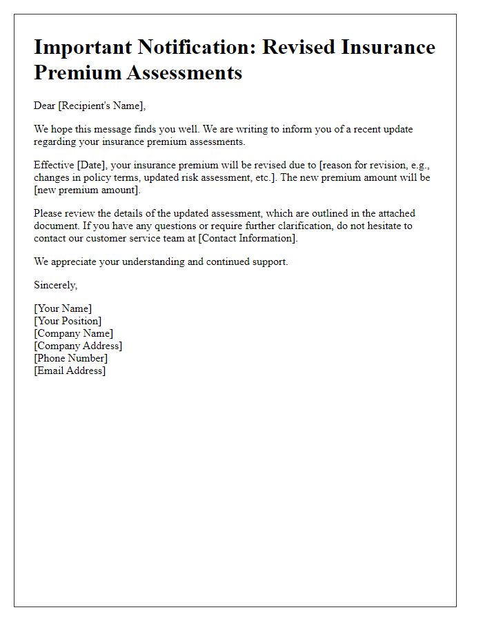 Letter template of alert for revised insurance premium assessments