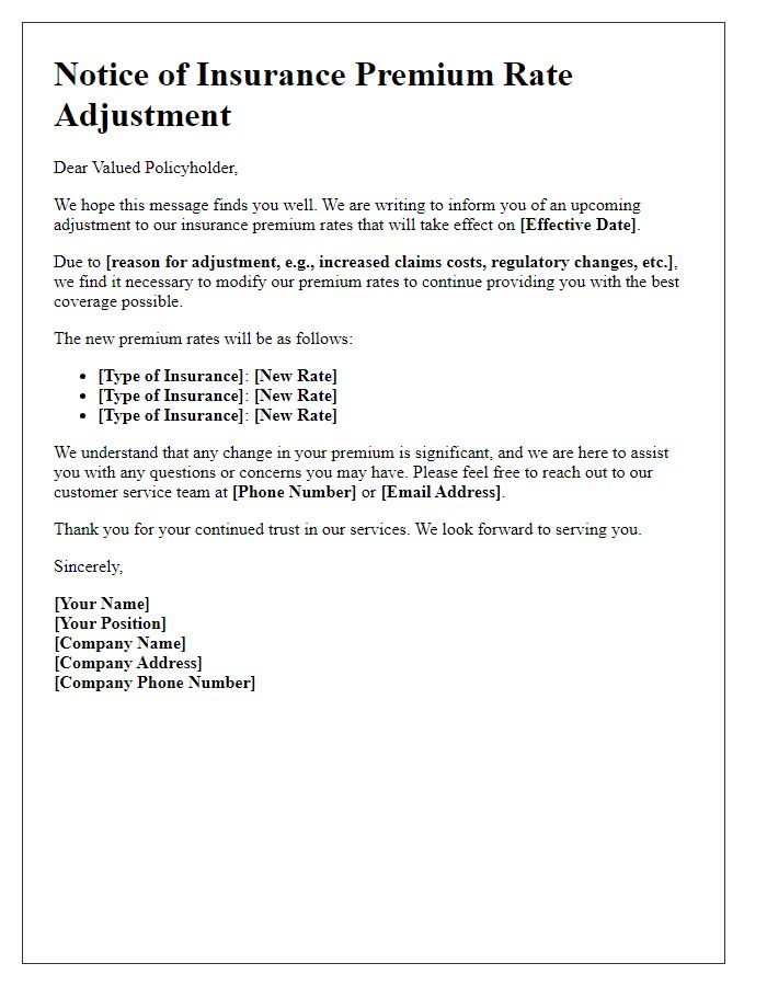 Letter template of announcement regarding adjustment in insurance premium rates