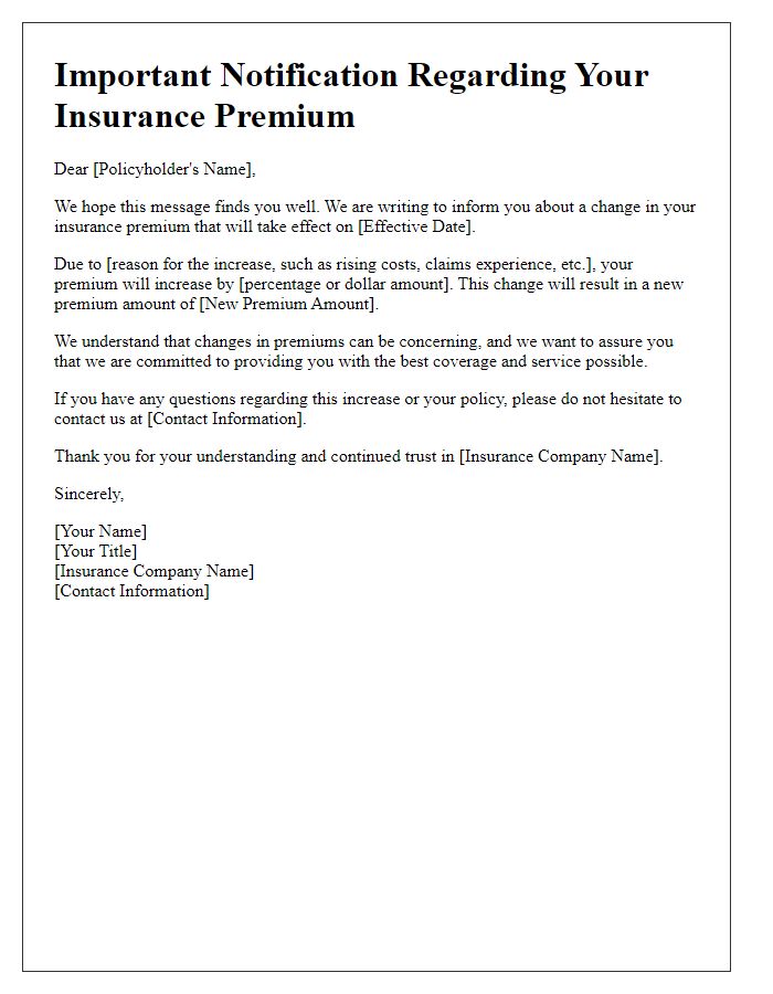 Letter template of information regarding insurance premium hikes