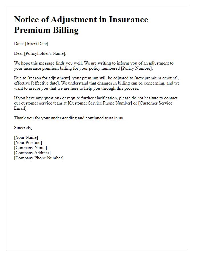 Letter template of notice for adjustment in your insurance premium billing