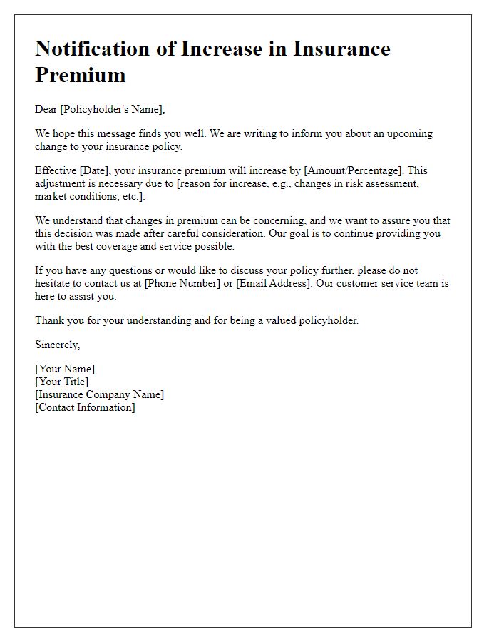 Letter template of notification for increase in insurance premium